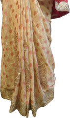 SMSAREE Red & Cream Designer Wedding Partywear Georgette & Brasso Cutdana Zari & Stone Hand Embroidery Work Bridal Saree Sari With Blouse Piece F058