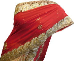 SMSAREE Red & Cream Designer Wedding Partywear Georgette & Brasso Cutdana Zari & Stone Hand Embroidery Work Bridal Saree Sari With Blouse Piece F059