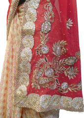 SMSAREE Red & Cream Designer Wedding Partywear Georgette & Brasso Cutdana Zari & Stone Hand Embroidery Work Bridal Saree Sari With Blouse Piece F059