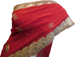 SMSAREE Red & Cream Designer Wedding Partywear Georgette & Brasso Cutdana Zari & Stone Hand Embroidery Work Bridal Saree Sari With Blouse Piece F060