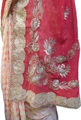 SMSAREE Red & Cream Designer Wedding Partywear Georgette & Brasso Cutdana Zari & Stone Hand Embroidery Work Bridal Saree Sari With Blouse Piece F060