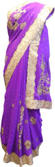 SMSAREE Purple Designer Wedding Partywear Georgette & Brasso Cutdana Zari & Stone Hand Embroidery Work Bridal Saree Sari With Blouse Piece F061