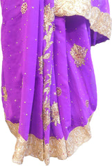 SMSAREE Purple Designer Wedding Partywear Georgette & Brasso Cutdana Zari & Stone Hand Embroidery Work Bridal Saree Sari With Blouse Piece F061
