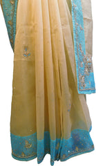 SMSAREE Beige & Turquoise Designer Wedding Partywear Organza Stone Thread & Beads Hand Embroidery Work Bridal Saree Sari With Blouse Piece F063