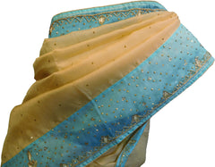 SMSAREE Beige & Turquoise Designer Wedding Partywear Organza Stone Thread & Beads Hand Embroidery Work Bridal Saree Sari With Blouse Piece F063