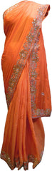 SMSAREE Orange Designer Wedding Partywear Crepe (Chinon) Cutdana Thread & Stone Hand Embroidery Work Bridal Saree Sari With Blouse Piece F064