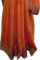SMSAREE Orange Designer Wedding Partywear Crepe (Chinon) Cutdana Thread & Stone Hand Embroidery Work Bridal Saree Sari With Blouse Piece F064