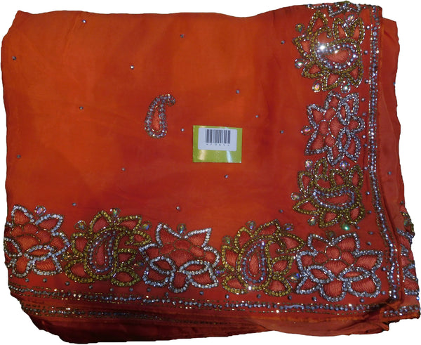 SMSAREE Orange Designer Wedding Partywear Crepe (Chinon) Cutdana Thread & Stone Hand Embroidery Work Bridal Saree Sari With Blouse Piece F064