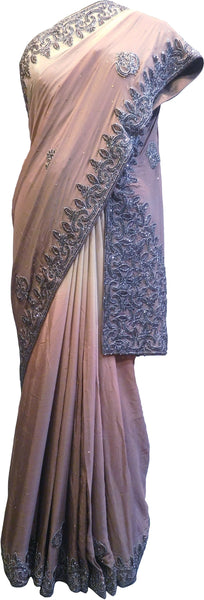 SMSAREE Cream & Brown Designer Wedding Partywear Crepe (Chinon) Cutdana Thread & Stone Hand Embroidery Work Bridal Saree Sari With Blouse Piece F065