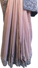 SMSAREE Cream & Brown Designer Wedding Partywear Crepe (Chinon) Cutdana Thread & Stone Hand Embroidery Work Bridal Saree Sari With Blouse Piece F065