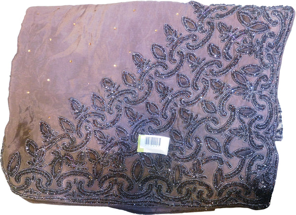 SMSAREE Cream & Brown Designer Wedding Partywear Crepe (Chinon) Cutdana Thread & Stone Hand Embroidery Work Bridal Saree Sari With Blouse Piece F065