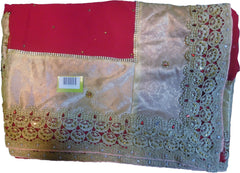 SMSAREE Red & Cream Designer Wedding Partywear Georgette Thread & Stone Hand Embroidery Work Bridal Saree Sari With Blouse Piece F066