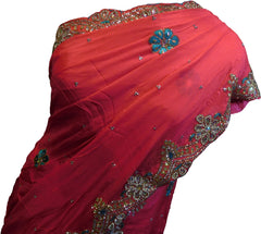 SMSAREE Pink Designer Wedding Partywear Crepe (Chinon) Cutdana Thread & Stone Hand Embroidery Work Bridal Saree Sari With Blouse Piece F067