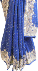 SMSAREE Blue Designer Wedding Partywear Pure Crepe Cutdana Thread Zari Bullion & Stone Hand Embroidery Work Bridal Saree Sari With Blouse Piece F068