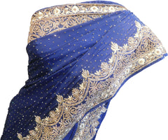 SMSAREE Blue Designer Wedding Partywear Pure Crepe Cutdana Thread Zari Bullion & Stone Hand Embroidery Work Bridal Saree Sari With Blouse Piece F068