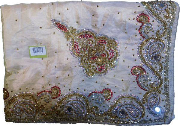 SMSAREE Cream Designer Wedding Partywear Silk Cutdana Mirror & Stone Hand Embroidery Work Bridal Saree Sari With Blouse Piece F069