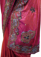 SMSAREE Pink Designer Wedding Partywear Silk Cutdana Mirror & Stone Hand Embroidery Work Bridal Saree Sari With Blouse Piece F070