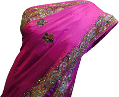 SMSAREE Pink Designer Wedding Partywear Silk Cutdana Mirror & Stone Hand Embroidery Work Bridal Saree Sari With Blouse Piece F071