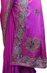 SMSAREE Pink Designer Wedding Partywear Silk Cutdana Mirror & Stone Hand Embroidery Work Bridal Saree Sari With Blouse Piece F071