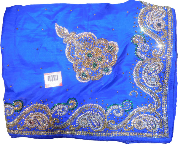 SMSAREE Blue Designer Wedding Partywear Silk Cutdana Mirror & Stone Hand Embroidery Work Bridal Saree Sari With Blouse Piece F072