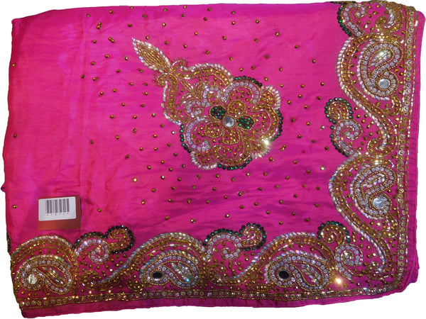 SMSAREE Pink Designer Wedding Partywear Silk Cutdana Mirror & Stone Hand Embroidery Work Bridal Saree Sari With Blouse Piece F074