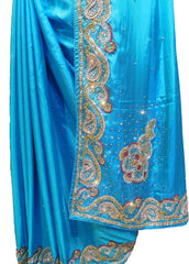 SMSAREE Blue Designer Wedding Partywear Silk Cutdana Mirror & Stone Hand Embroidery Work Bridal Saree Sari With Blouse Piece F076