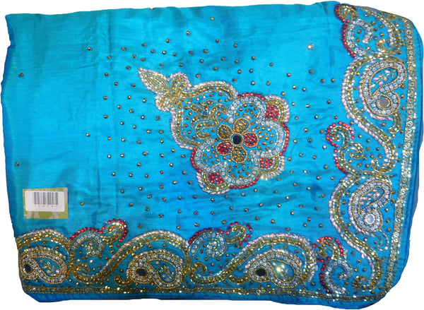 SMSAREE Blue Designer Wedding Partywear Silk Cutdana Mirror & Stone Hand Embroidery Work Bridal Saree Sari With Blouse Piece F076
