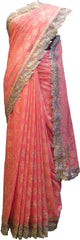 SMSAREE Peach Designer Wedding Partywear Georgette Stone Zari Beads & Pearl Hand Embroidery Work Bridal Saree Sari With Blouse Piece F078