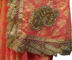 SMSAREE Peach Designer Wedding Partywear Georgette Stone Zari Beads & Pearl Hand Embroidery Work Bridal Saree Sari With Blouse Piece F078