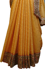 SMSAREE Yellow Designer Wedding Partywear Georgette Stone Zari & Sequnece Hand Embroidery Work Bridal Saree Sari With Blouse Piece F079