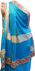 SMSAREE Blue & Gold Designer Wedding Partywear Lahenga Style Georgette Stone Thread & Zari Hand Embroidery Work Bridal Saree Sari With Blouse Piece F080