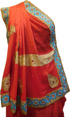 SMSAREE Red & Gold Designer Wedding Partywear Lahenga Style Georgette Stone Thread & Zari Hand Embroidery Work Bridal Saree Sari With Blouse Piece F081