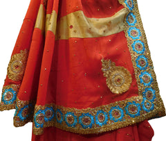SMSAREE Red & Gold Designer Wedding Partywear Lahenga Style Georgette Stone Thread & Zari Hand Embroidery Work Bridal Saree Sari With Blouse Piece F081