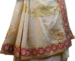 SMSAREE White & Gold Designer Wedding Partywear Lahenga Style Georgette Stone Thread & Zari Hand Embroidery Work Bridal Saree Sari With Blouse Piece F082