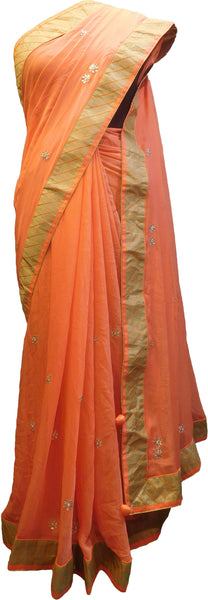 SMSAREE Peach Designer Wedding Partywear Chiffon Gota Bullion & Pearl Hand Embroidery Work Bridal Saree Sari With Blouse Piece F083