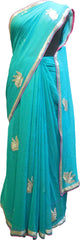 SMSAREE Turquoise Designer Wedding Partywear Chiffon Stone Thread & Cutdana Hand Embroidery Work Bridal Saree Sari With Blouse Piece F084