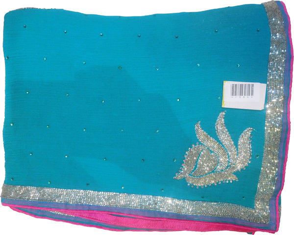 SMSAREE Turquoise Designer Wedding Partywear Chiffon Stone Thread & Cutdana Hand Embroidery Work Bridal Saree Sari With Blouse Piece F084