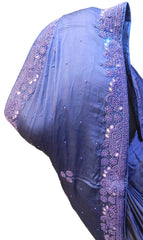 SMSAREE Purple Designer Wedding Partywear Satin Silk Stone Beads & Pearl Hand Embroidery Work Bridal Saree Sari With Blouse Piece F085