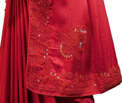 SMSAREE Red Designer Wedding Partywear Satin Silk Stone Beads & Pearl Hand Embroidery Work Bridal Saree Sari With Blouse Piece F087