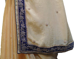 SMSAREE Beige Designer Wedding Partywear Crepe (Chinon) Stone Bullion & Beads Hand Embroidery Work Bridal Saree Sari With Blouse Piece F089