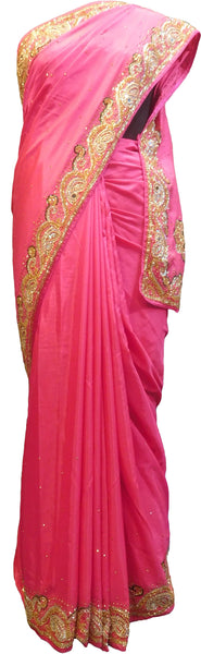 SMSAREE Pink Designer Wedding Partywear Silk Cutdana Mirror & Stone Hand Embroidery Work Bridal Saree Sari With Blouse Piece F090