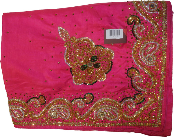 SMSAREE Pink Designer Wedding Partywear Silk Cutdana Mirror & Stone Hand Embroidery Work Bridal Saree Sari With Blouse Piece F090