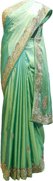SMSAREE Green Designer Wedding Partywear Silk Cutdana Mirror & Stone Hand Embroidery Work Bridal Saree Sari With Blouse Piece F091