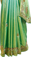 SMSAREE Green Designer Wedding Partywear Silk Cutdana Mirror & Stone Hand Embroidery Work Bridal Saree Sari With Blouse Piece F091