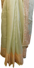 SMSAREE Beige & Peach Designer Wedding Partywear Organza Stone Thread & Beads Hand Embroidery Work Bridal Saree Sari With Blouse Piece F092