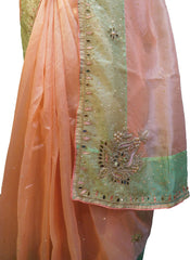 SMSAREE Peach & Green Designer Wedding Partywear Organza Stone Thread & Beads Hand Embroidery Work Bridal Saree Sari With Blouse Piece F094