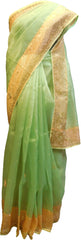 SMSAREE Green & Peach Designer Wedding Partywear Organza Stone Thread & Beads Hand Embroidery Work Bridal Saree Sari With Blouse Piece F095