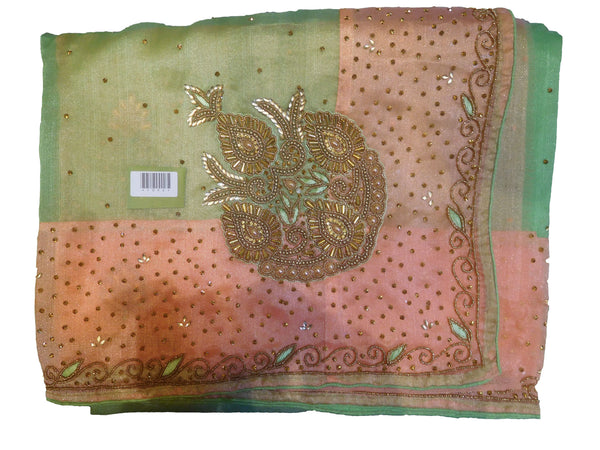 SMSAREE Green & Pink Designer Wedding Partywear Organza Stone Thread & Beads Hand Embroidery Work Bridal Saree Sari With Blouse Piece F096