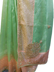 SMSAREE Green & Pink Designer Wedding Partywear Organza Stone Thread & Beads Hand Embroidery Work Bridal Saree Sari With Blouse Piece F096