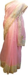 SMSAREE Pink & Beige Designer Wedding Partywear Organza Stone Thread & Beads Hand Embroidery Work Bridal Saree Sari With Blouse Piece F097